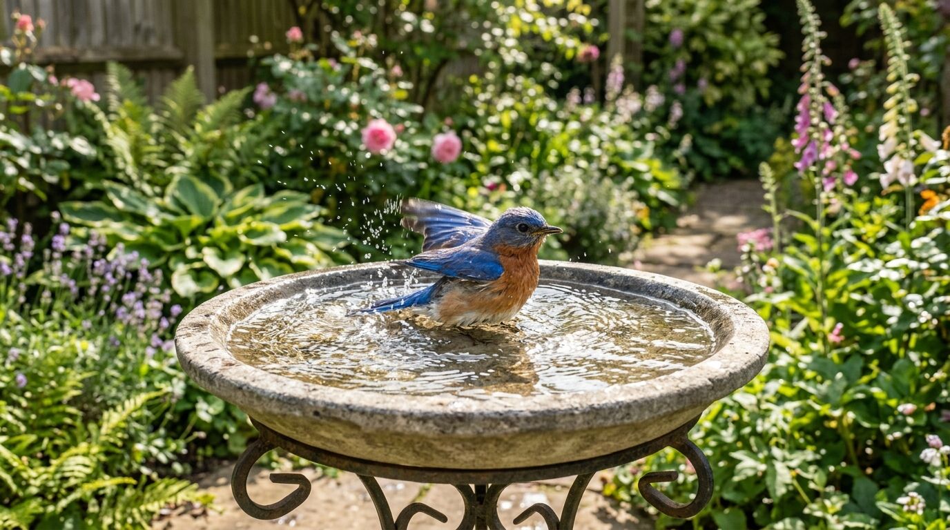 Burung bluebird timur mandi di pemandian burung batu yang dikelilingi taman rimbun dengan bunga dan tanaman hijau