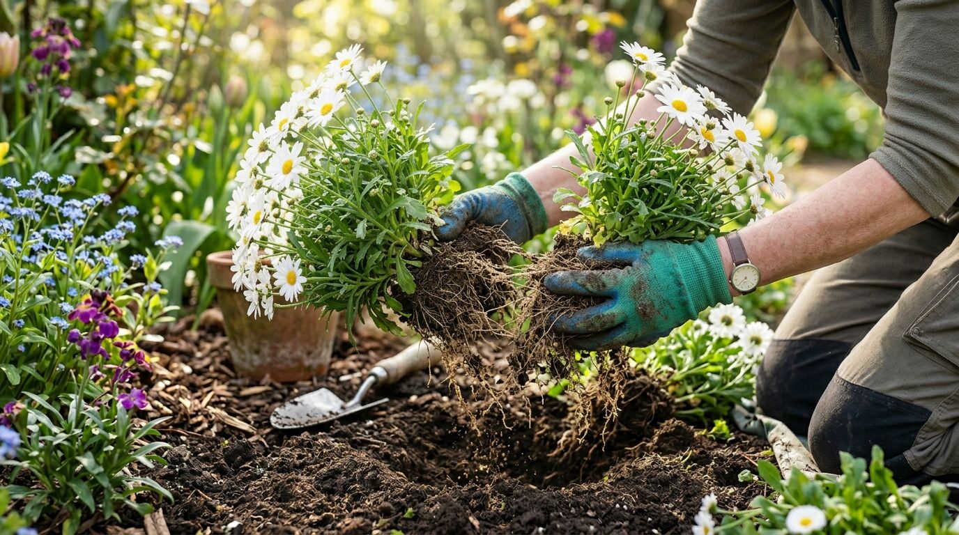 Orang yang mengenakan sarung tangan hijau menanam bunga aster putih di taman dengan peralatan berkebun di dekatnya