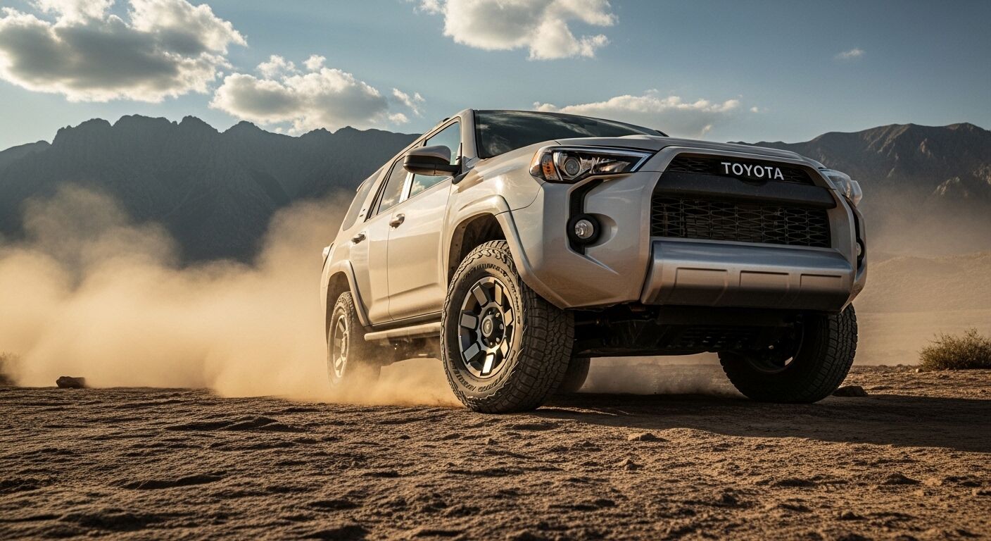 SUV Toyota perak berkendara off-road di medan berdebu dengan latar belakang pegunungan dan langit mendung