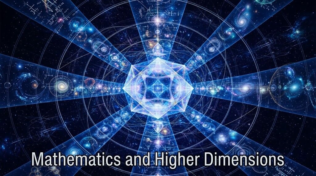 Bentuk geometris dan galaksi yang menggambarkan matematika dan konsep dimensi yang lebih tinggi.