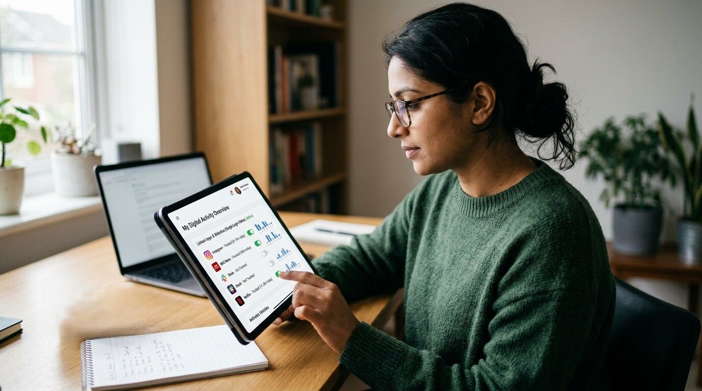 Wanita bersweter hijau menggunakan tablet yang menampilkan aplikasi penyelenggara aktivitas digital di meja kayu dengan laptop dan buku catatan di dekatnya