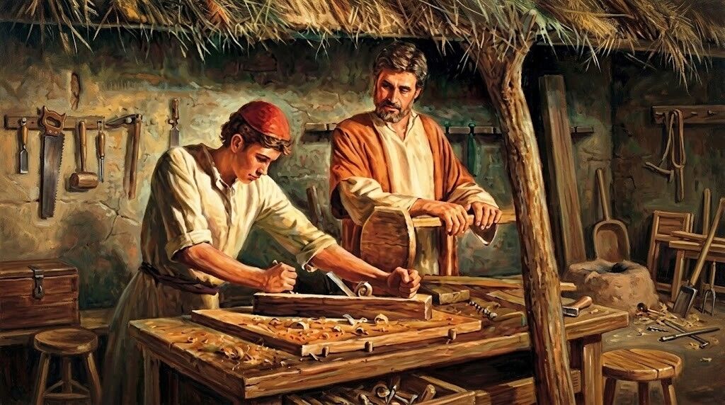 Dua pria bekerja dengan peralatan pertukangan kayu di bengkel pedesaan dengan peralatan tangan di dinding.