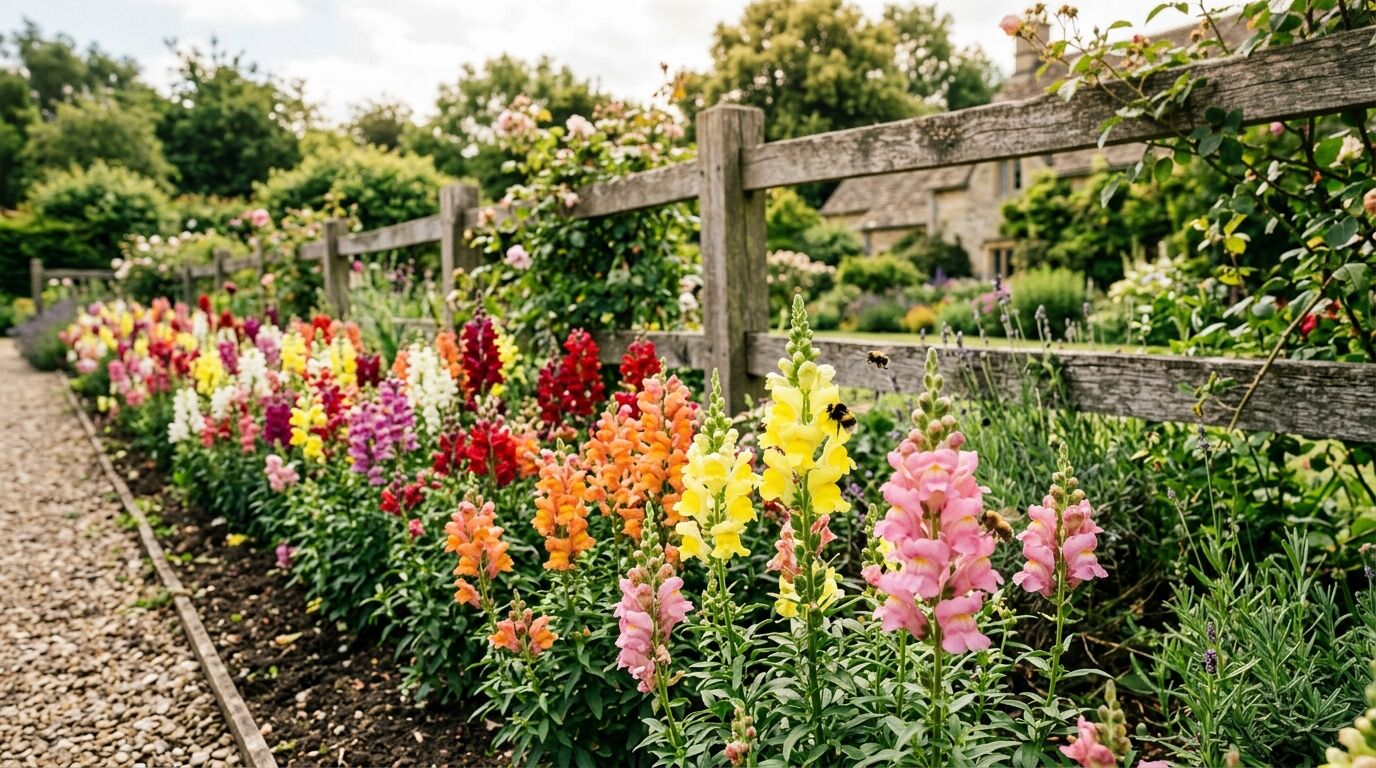 Bunga snapdragon berwarna-warni mekar di sepanjang pagar kayu di taman dengan lebah terbang di dekatnya