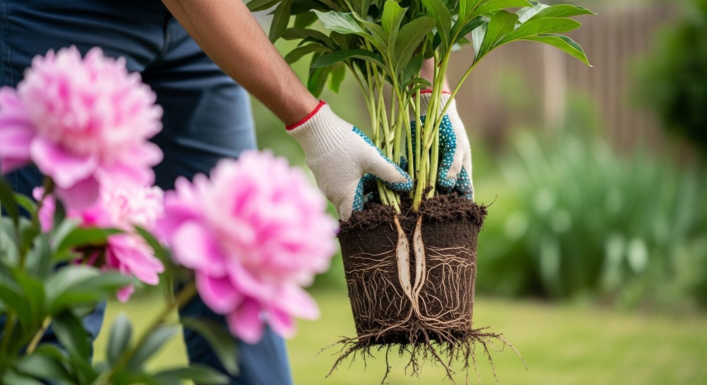 Tangan dalam sarung tangan berkebun memegang tanaman dengan akar dan tanah yang terlihat, bunga merah muda di latar depan.
