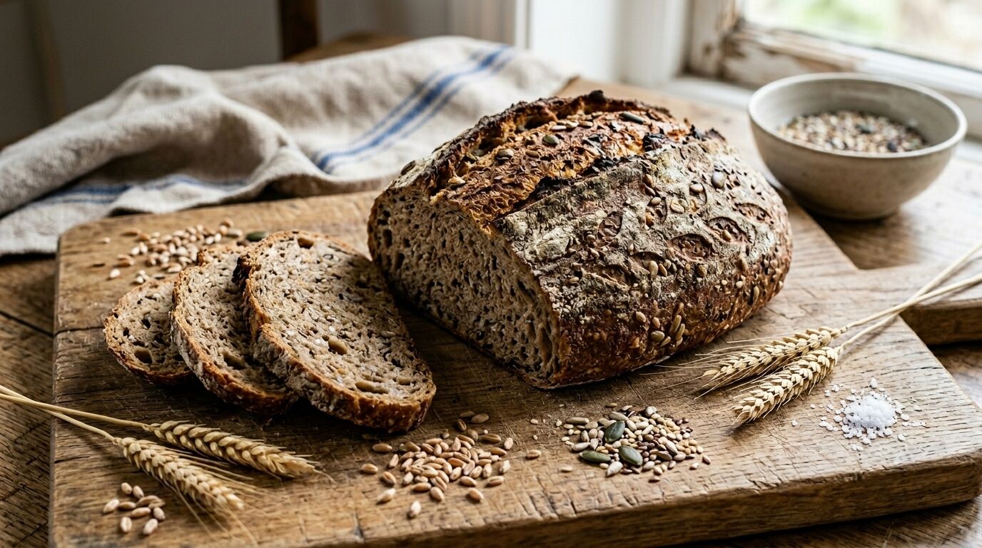 Roti multigrain yang diiris di papan kayu dengan biji-bijian yang tersebar, batang gandum, dan semangkuk biji-bijian di dekatnya.