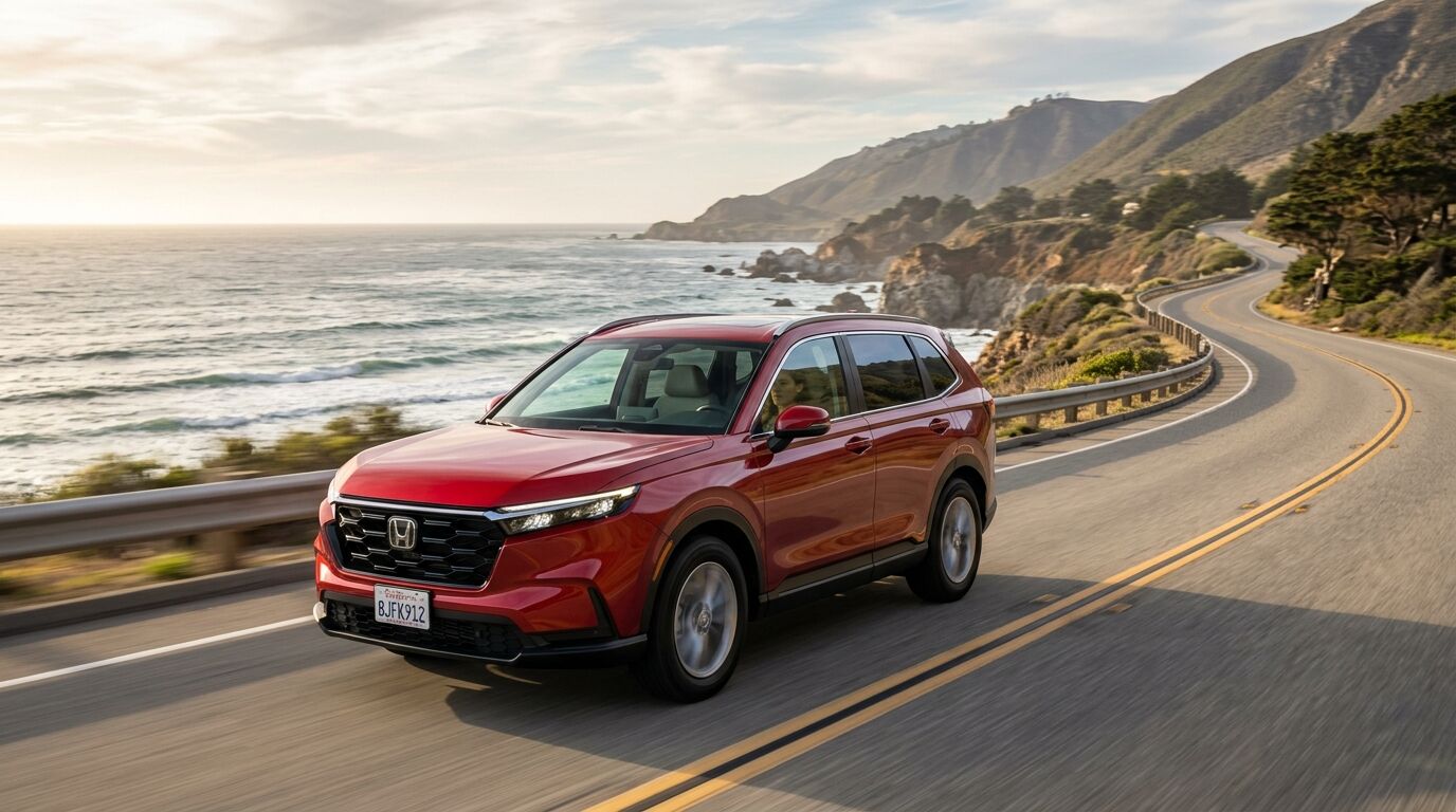 SUV Honda merah melaju di jalan raya pesisir dengan latar belakang laut dan pegunungan.