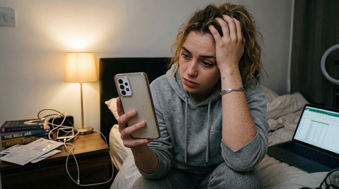 Wanita bertudung abu-abu tampak stres sambil memegang smartphone di kamar tidur remang-remang dengan laptop dan buku di dekatnya