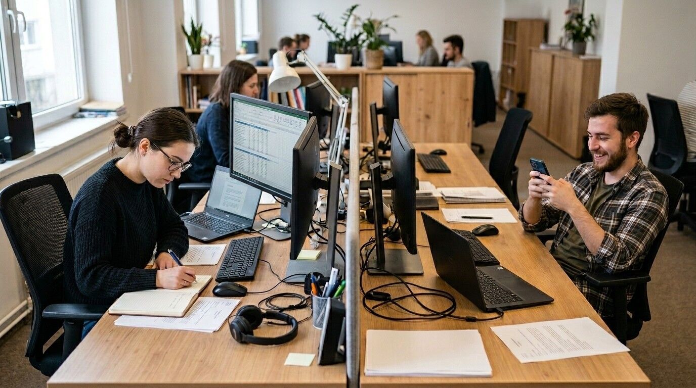 Dua rekan kerja di meja kantor bersama, satu menulis catatan dan yang lainnya tersenyum di depan ponsel pintar.