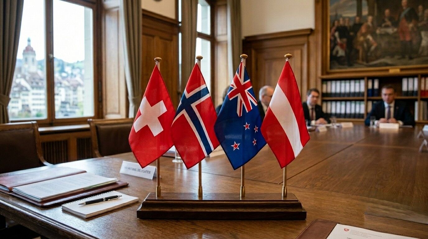 Tampilan meja bendera Swiss, Norwegia, Selandia Baru, dan Austria di ruang pertemuan formal dengan latar belakang delegasi