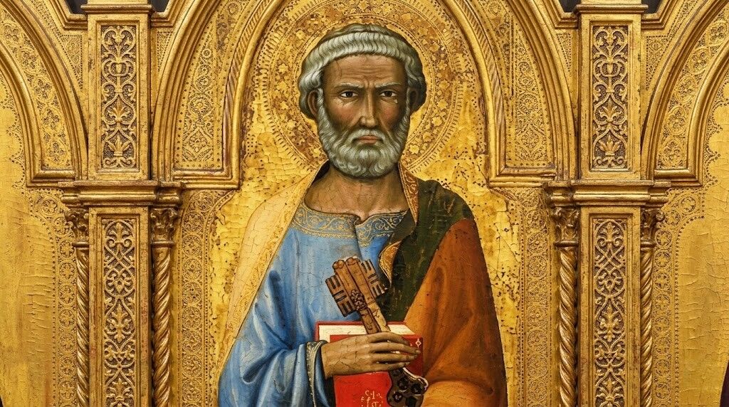 Santo Petrus memegang kunci dan sebuah buku, digambarkan dalam lukisan keagamaan abad pertengahan dengan latar belakang hiasan emas.