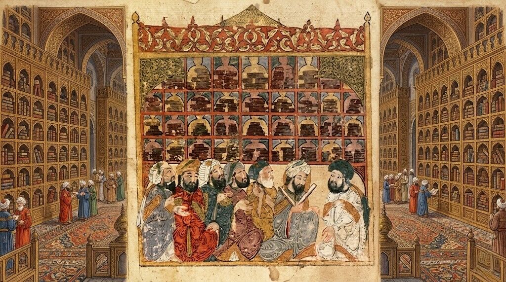 Cendekiawan Islam abad pertengahan duduk dan berdiskusi di perpustakaan besar dengan rak buku tinggi dan langit-langit melengkung.
