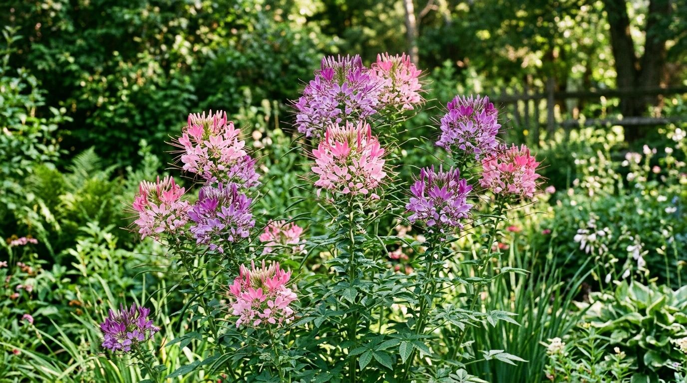 Bunga Cleome berwarna merah muda dan ungu mekar di taman yang diterangi matahari dengan latar belakang dedaunan hijau