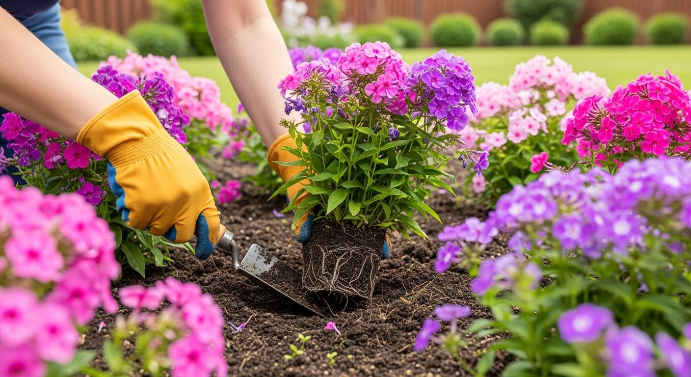 Orang yang mengenakan sarung tangan kuning menanam bunga phlox ungu dan merah muda di taman dengan sekop tangan.