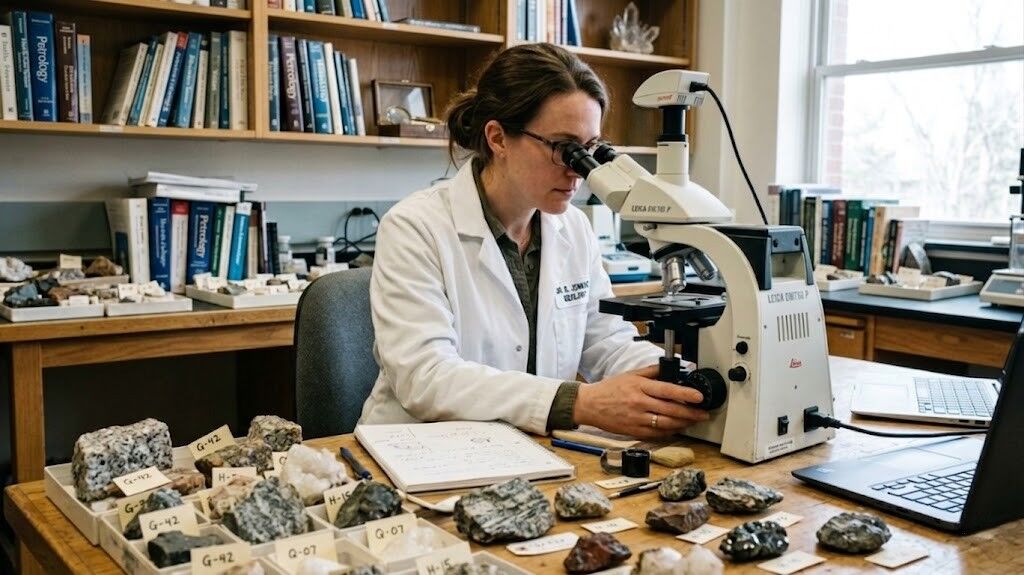 Ilmuwan berjas laboratorium memeriksa sampel batuan di bawah mikroskop Leica di laboratorium geologi.