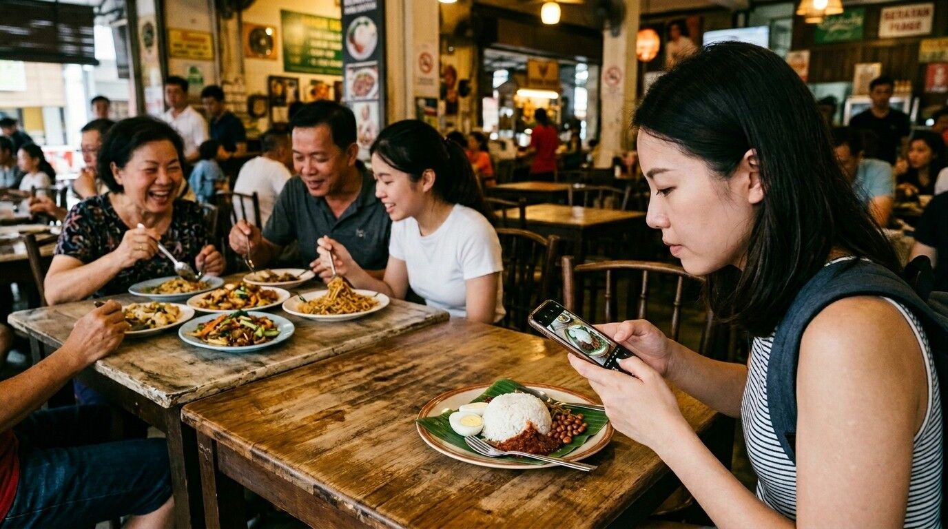 Wanita mengambil foto sepiring nasi, telur, dan kacang di restoran Asia yang sibuk dengan pengunjung makan di meja di dekatnya.