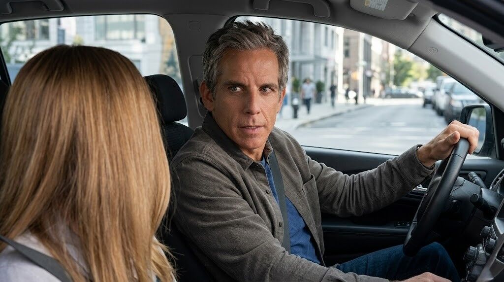 Ben Stiller mengendarai mobil dan melihat penumpang wanita di perkotaan.
