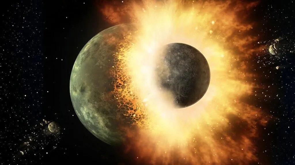 Tabrakan antara dua planet menyebabkan ledakan besar di luar angkasa dengan puing-puing berhamburan.