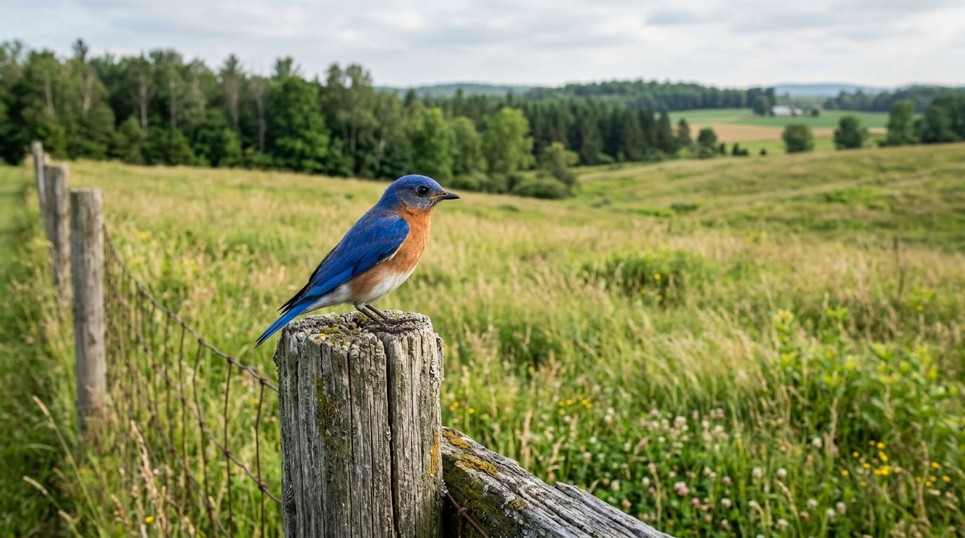 Burung biru timur bertengger di tiang pagar lapuk di lapangan pedesaan hijau dengan pepohonan di latar belakang