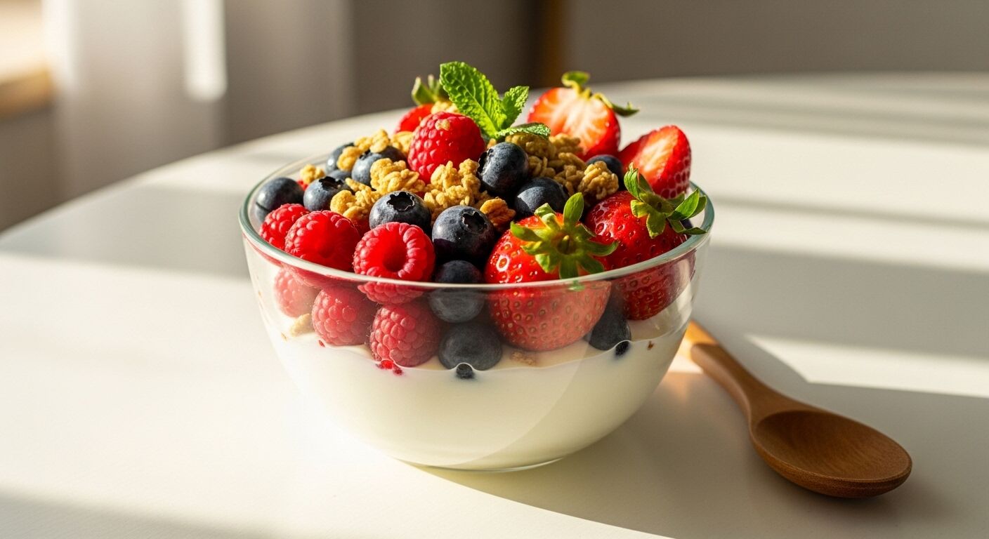 Mangkuk kaca berisi yogurt dengan topping stroberi, blueberry, raspberry, granola, dan daun mint dengan sendok kayu di dekatnya