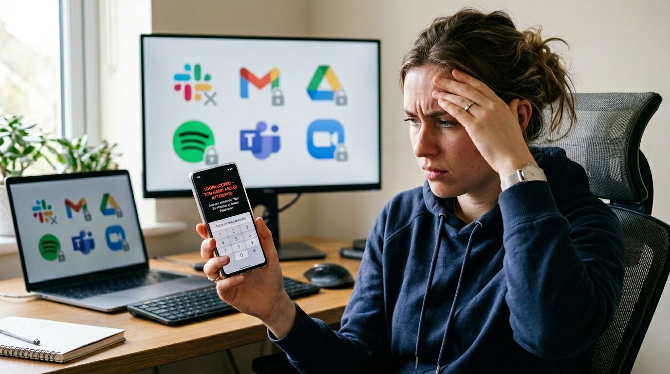 Wanita frustrasi yang memegang telepon menunjukkan layar terkunci login dengan ikon Slack, Gmail, Google Drive, Spotify, Teams, dan Zoom yang terkunci di monitor.