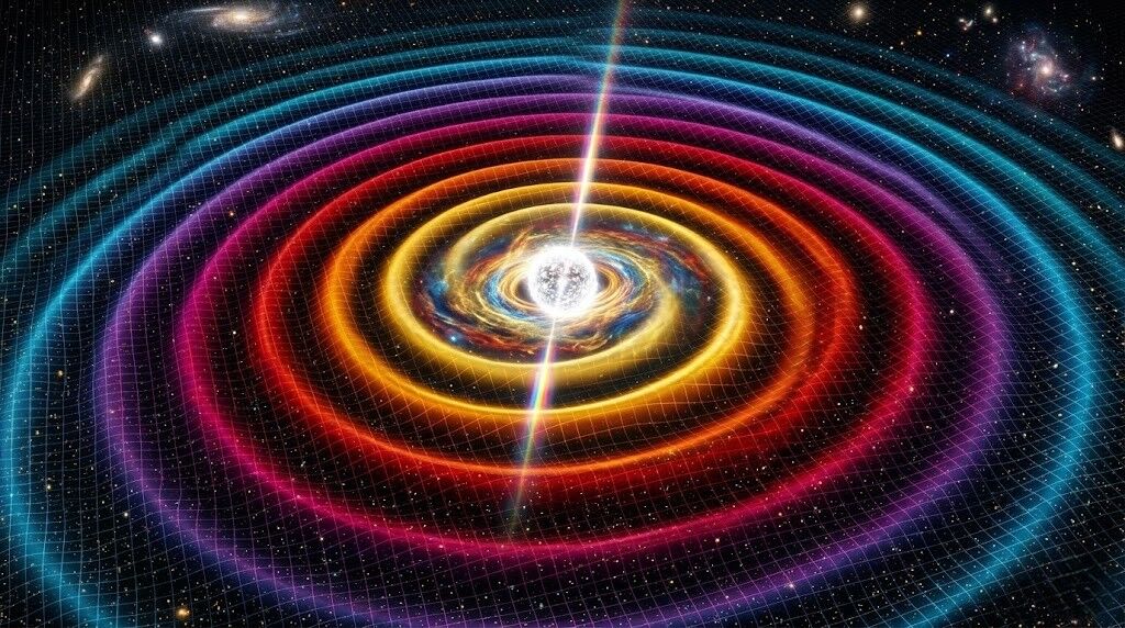 Gelombang konsentris berwarna-warni memancar dari bintang neutron terang yang memancarkan sinar di angkasa.
