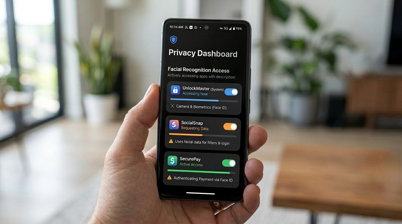 Ponsel pintar genggam menampilkan Dasbor Privasi dengan akses pengenalan wajah untuk aplikasi UnlockMaster, SocialSnap, dan SecurePay