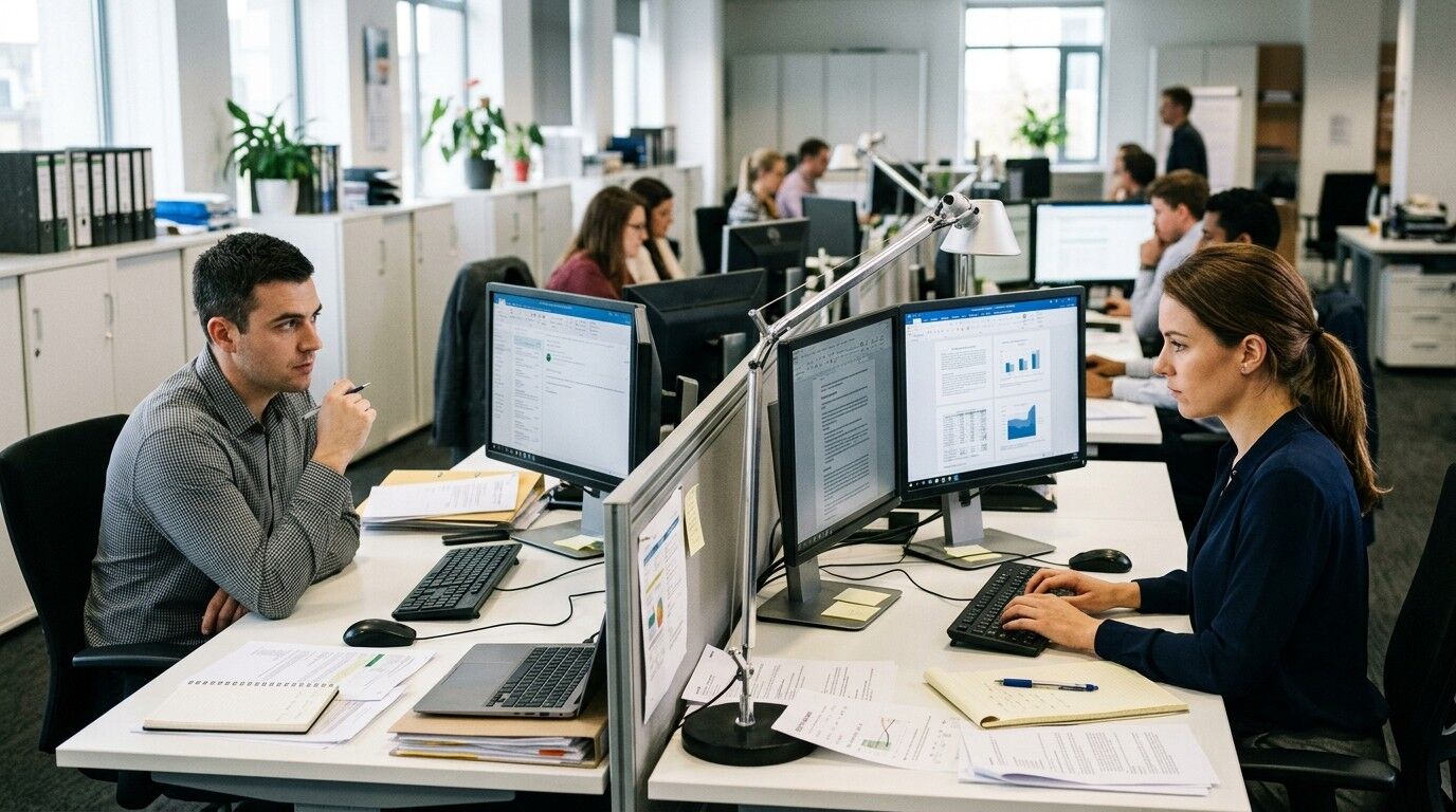 Dua pekerja kantor fokus pada layar komputer yang menampilkan dokumen dan bagan di kantor terbuka modern.