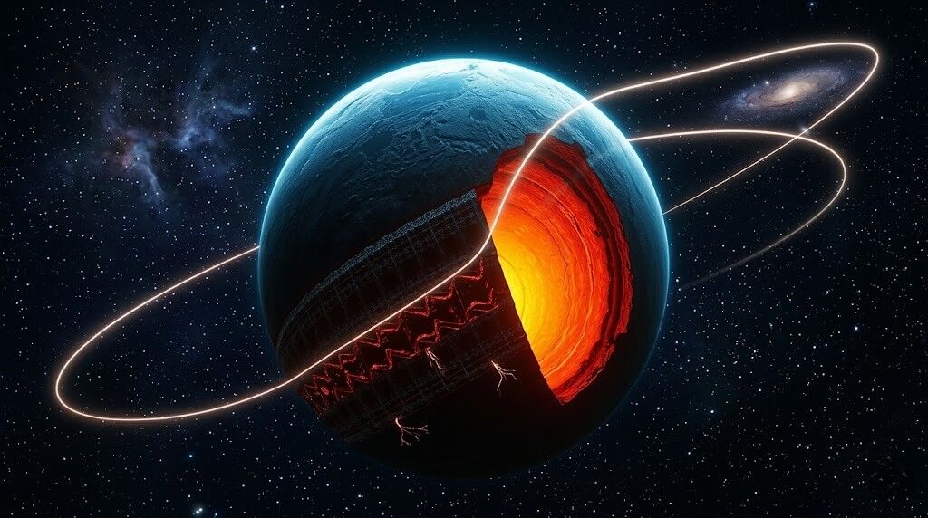 Penampang planet yang menunjukkan inti cair dan lapisannya dengan cincin orbital bercahaya di luar angkasa.