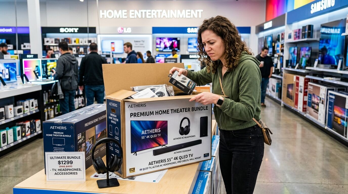 Wanita memeriksa kotak bundel home theater premium dengan 55