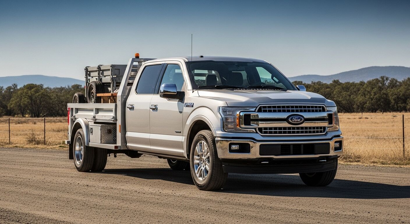 Truk pikap Ford F-150 putih dengan peralatan pembawa flatbed di jalan pedesaan dengan latar belakang pepohonan dan bukit