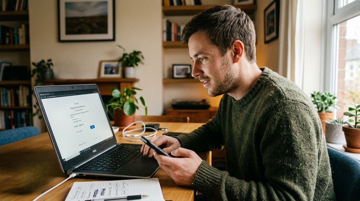 Pria bersweter hijau menggunakan smartphone dan laptop di meja kayu di kantor pusat dengan tanaman dan rak buku