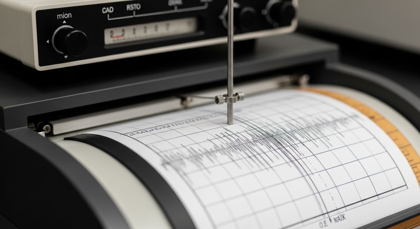 Mesin seismograf merekam getaran gempa pada kertas grafik.