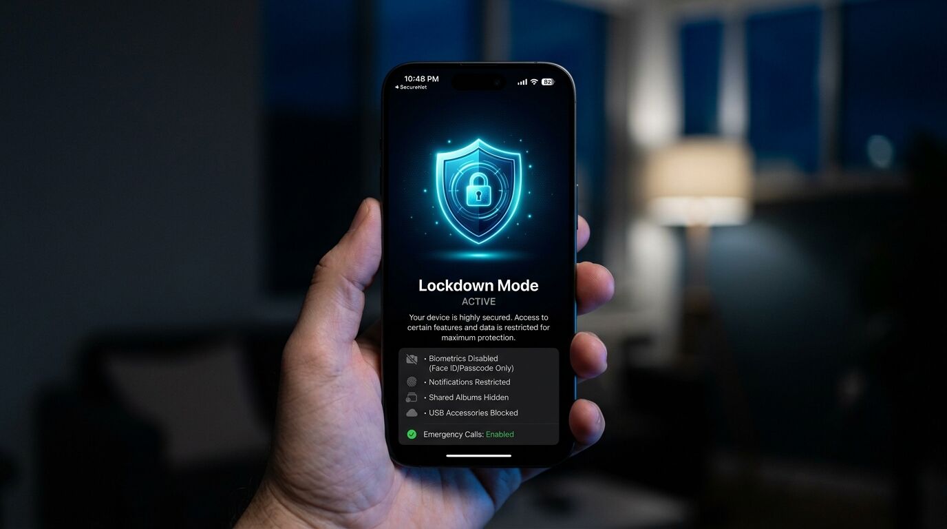 iPhone yang memegang tangan menampilkan layar Mode Lockdown aktif dengan fitur keamanan diaktifkan pada 22:48