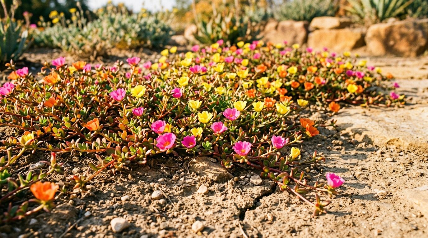 Tanaman Portulaca dengan bunga berwarna merah muda, kuning, dan oranye tumbuh di tanah kering dan berbatu.