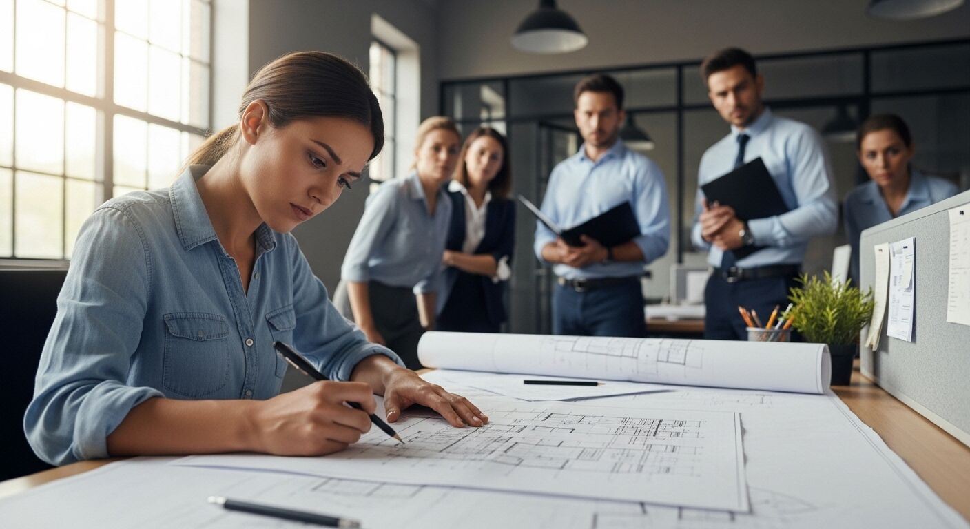 Wanita berbaju denim menggambar rencana arsitektur sementara rekan-rekannya meninjau dokumen di kantor modern