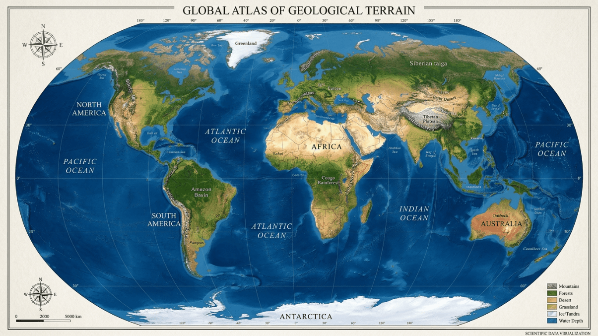 Peta global yang menunjukkan medan geologi dengan pegunungan, hutan, gurun, padang rumput, dan kedalaman air di seluruh benua dan lautan.