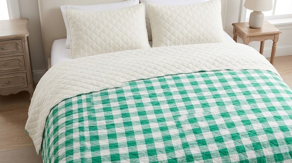 Tempat tidur dengan bantal dan selimut berlapis putih, serta selimut kotak-kotak hijau dan putih terlipat di kaki