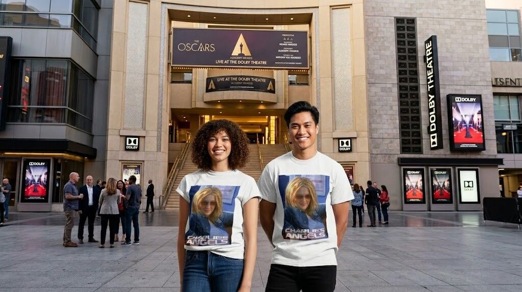 Dua orang yang mengenakan kaos Charlie's Angels berdiri di luar Teater Dolby dengan papan nama Oscar di atas pintu masuk.