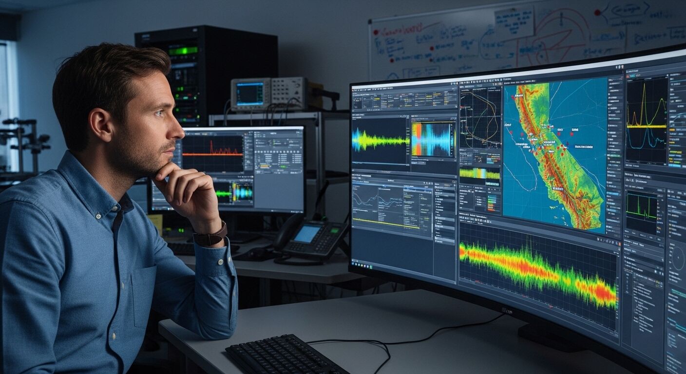 Seorang pria menganalisis data seismik dan peta California pada beberapa monitor komputer di ruang kendali