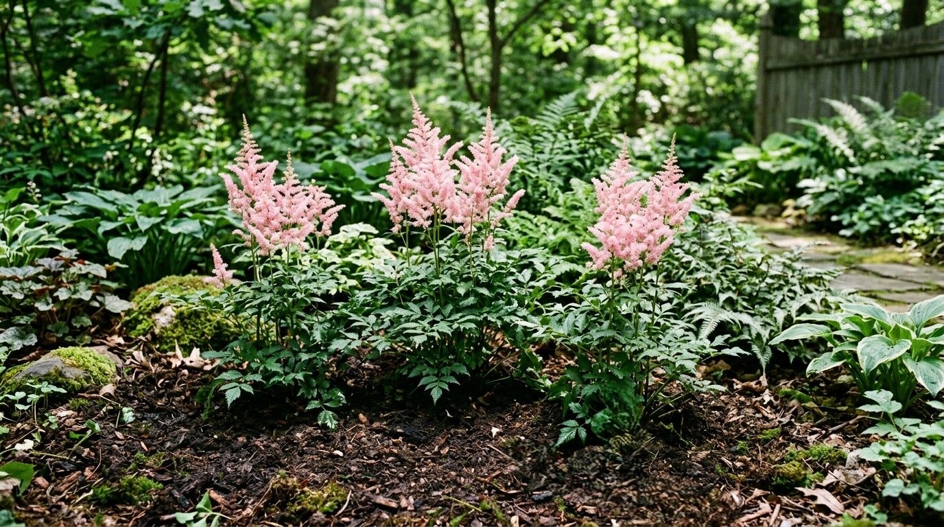 Bunga astilbe merah muda bermekaran di taman teduh yang dikelilingi dedaunan hijau dan jalan setapak batu