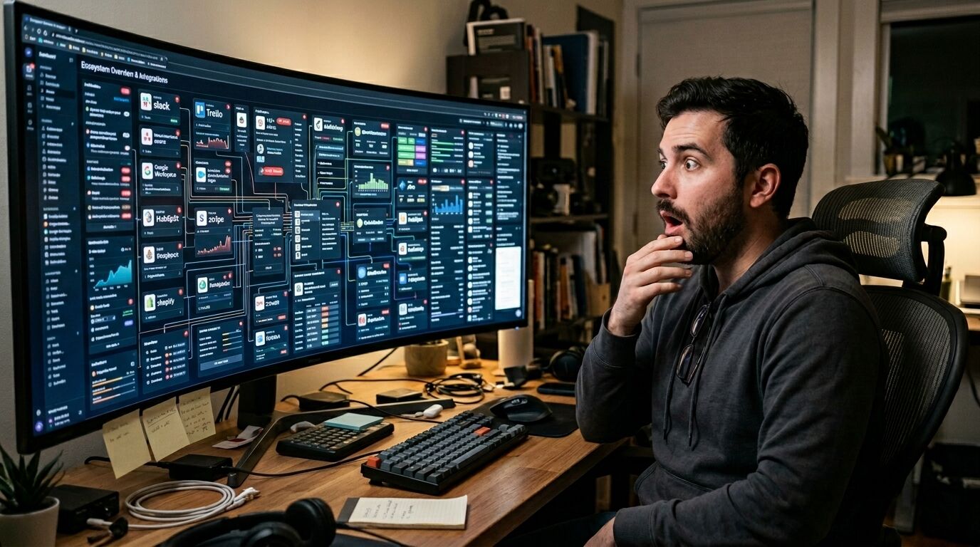 Pria bertudung tampak terkejut melihat monitor besar melengkung yang menampilkan dasbor rumit dengan integrasi Slack, Trello, dan Shopify.