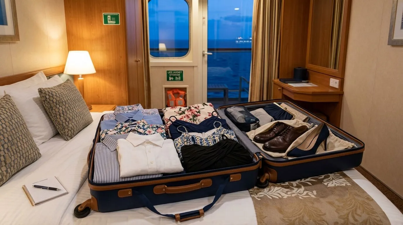 Buka koper dengan pakaian dan sepatu yang dikemas rapi di atas tempat tidur kabin kapal pesiar dengan pemandangan laut melalui pintu