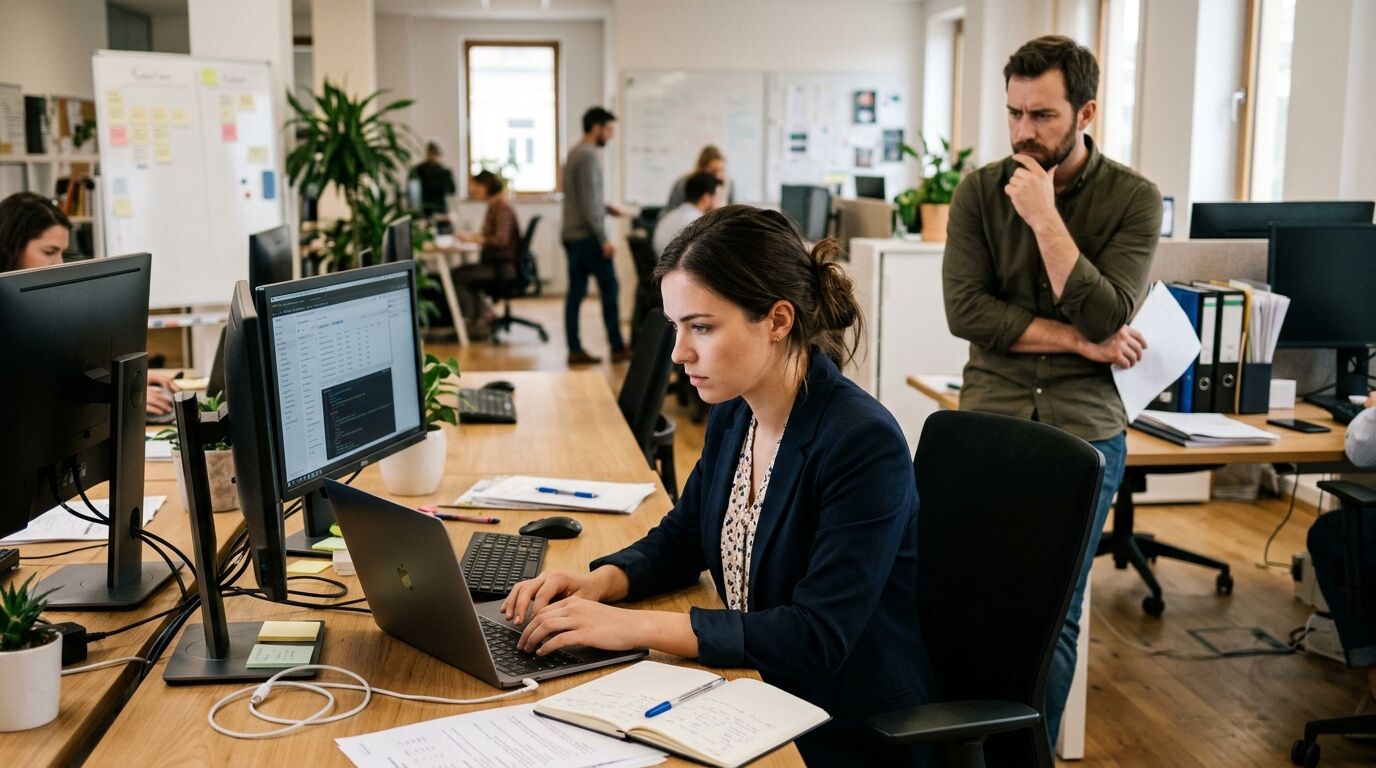 Wanita yang bekerja menggunakan laptop dengan kode di layar sementara seorang pria berdiri di belakangnya sambil berpikir di lingkungan kantor.