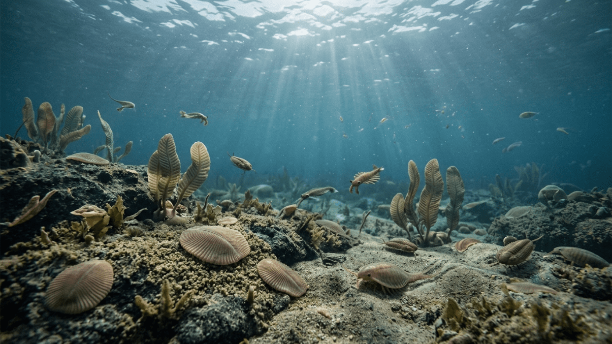 Pemandangan bawah air kehidupan laut purba dengan trilobita dan tumbuhan laut di dasar laut diterangi oleh sinar matahari