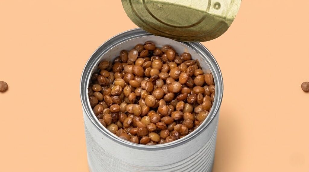 Kaleng terbuka berisi lentil coklat matang dengan latar belakang krem