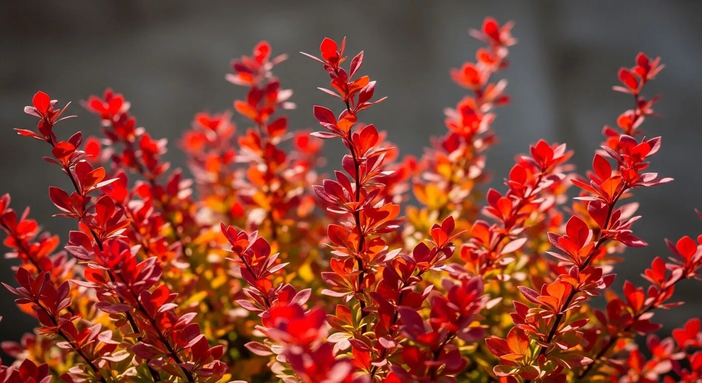 cabang semak barberry merah dan oranye dengan daun dengan latar belakang kabur