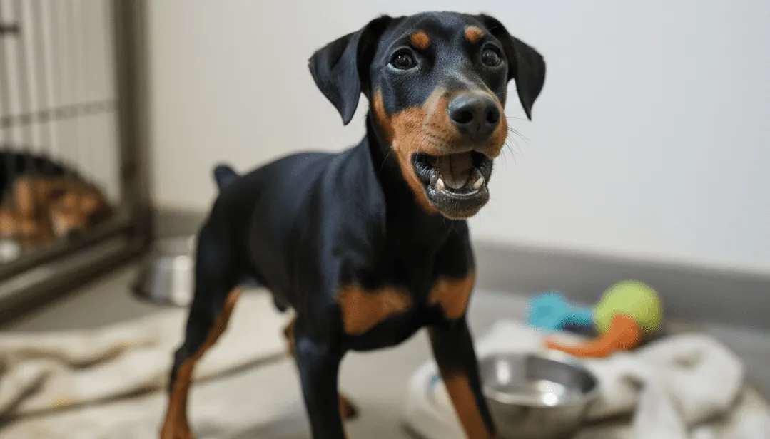 Anak anjing Doberman hitam dan coklat berdiri di dalam ruangan dekat mainan anjing dan mangkuk air.