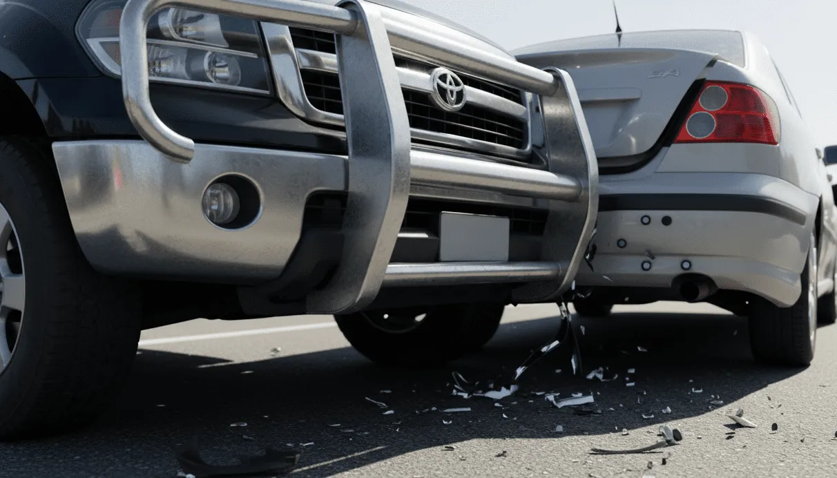 Bagian depan truk Toyota hitam bertabrakan dengan bagian belakang sedan BMW 3 Seri 2.4 berwarna perak dengan puing-puing di jalan.