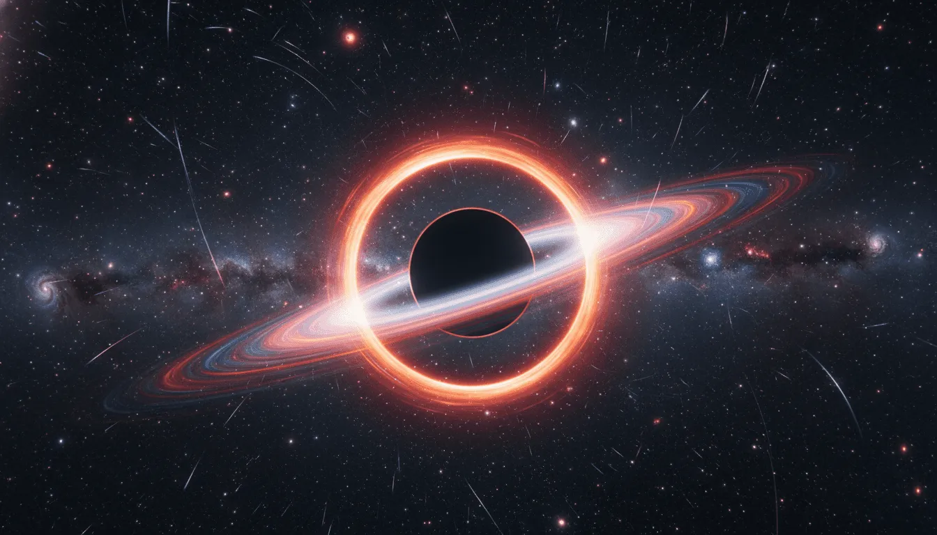 Lubang hitam dengan cincin akresi oranye bersinar dan cincin gas biru terang di latar belakang galaksi yang dipenuhi bintang