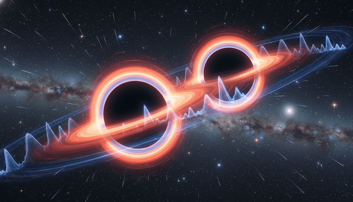 Dua lubang hitam bercahaya dengan piringan akresi terang dihubungkan oleh pola gelombang di angkasa luar.